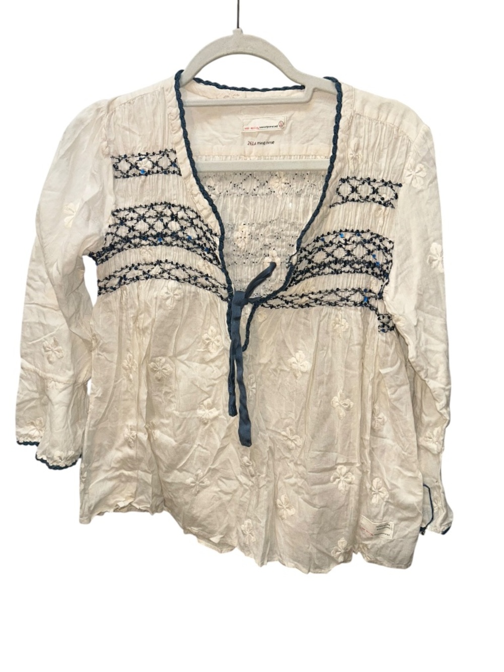 Odd Molly Embroidered Ukrainian style tunic top white teal smocking back 1 XS
